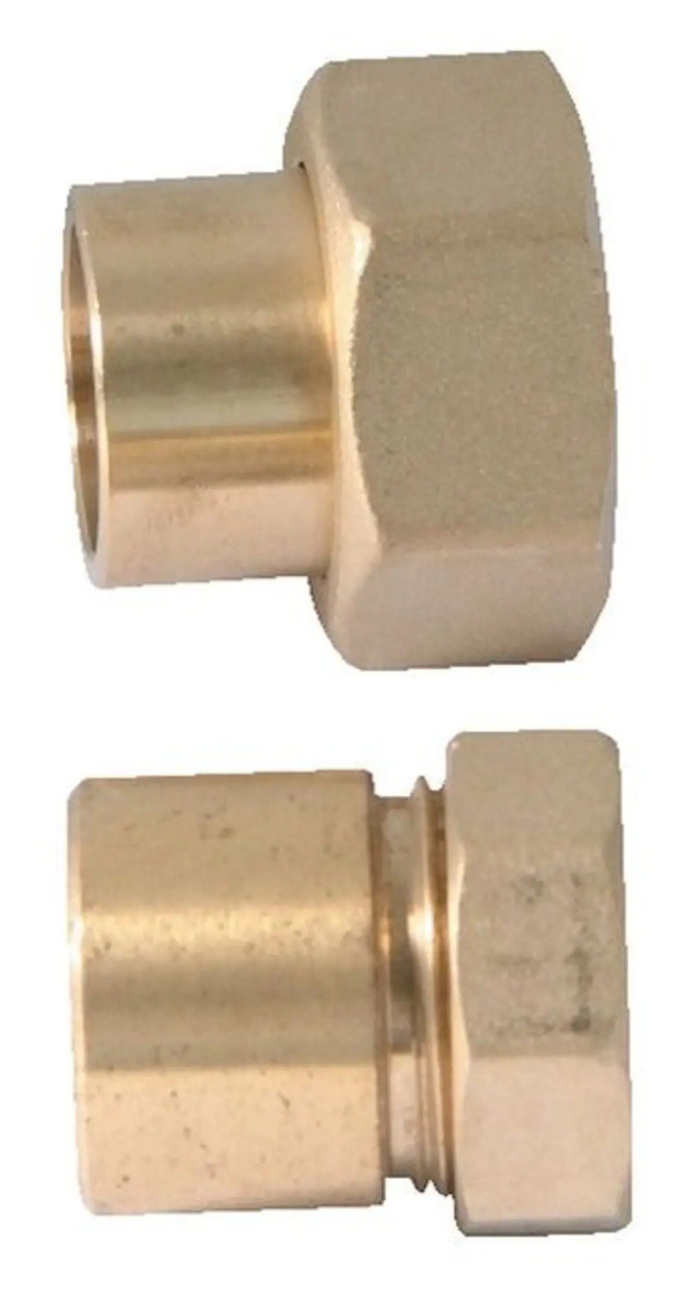 Brass fittings, part of the Syr system, featuring a hexagonal shape with cylindrical ends, designed for secure connections in plumbing applications.